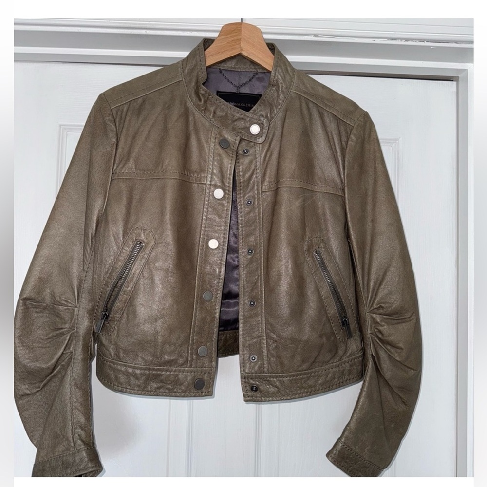 BCBG MaxAzria Leather Moto Jacket, Army or Olive Green, Size Small